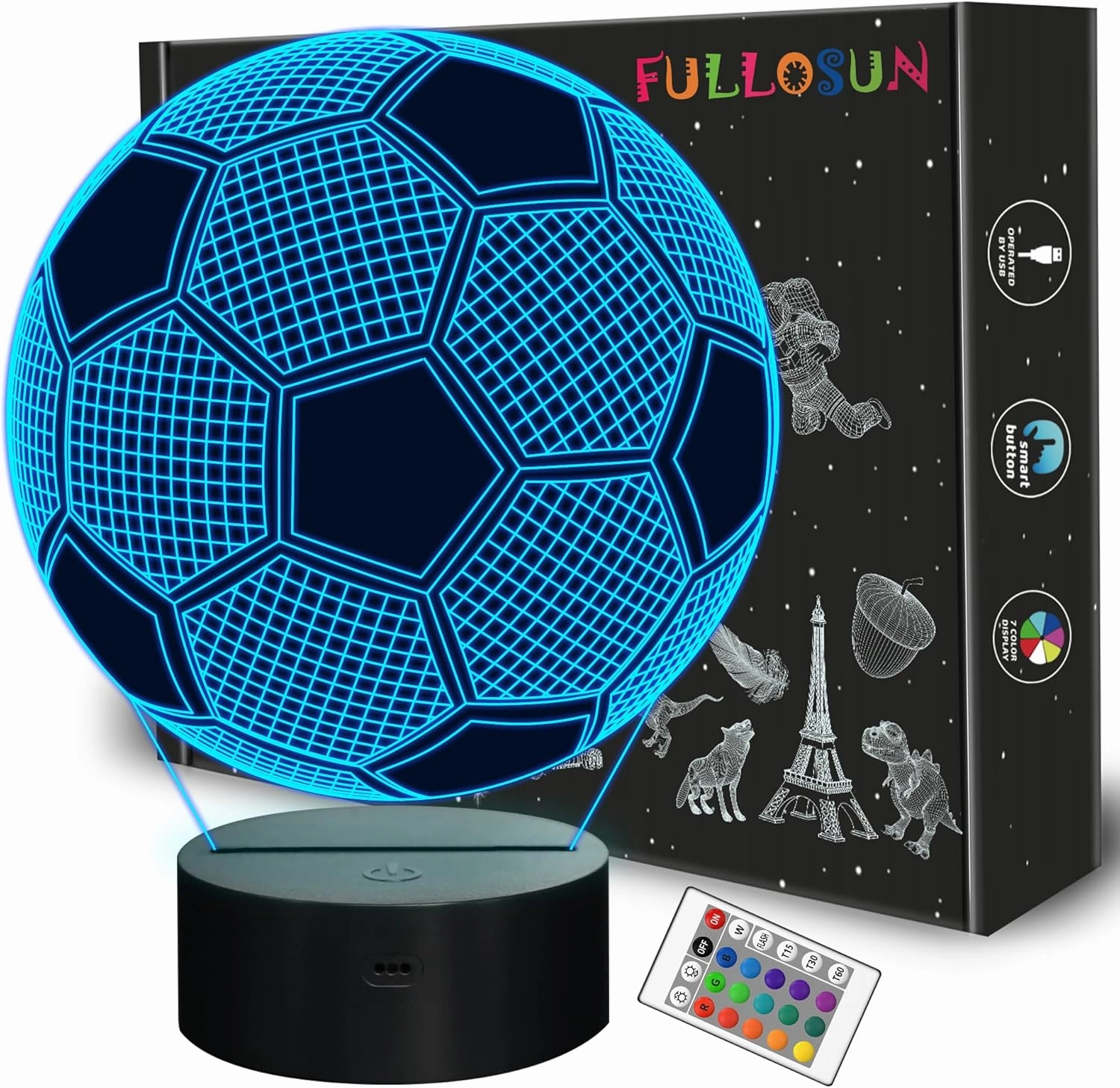 FULLOSUN Kids Night Light Soccer 3D Optical Illusion Lamp with Remote Control 16 Colors Changing Football Birthday Xmas Valentine Gift Idea for Sport Fan Boys Girls