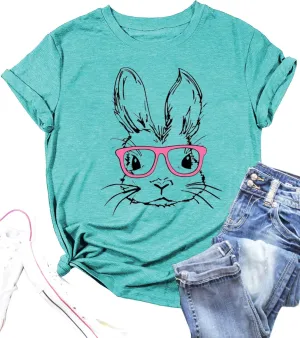 Funny Bunny Print T Shirt for Women Cute Grapic Leopard Shirts Family Blouse Gifts Easter Tops Tee