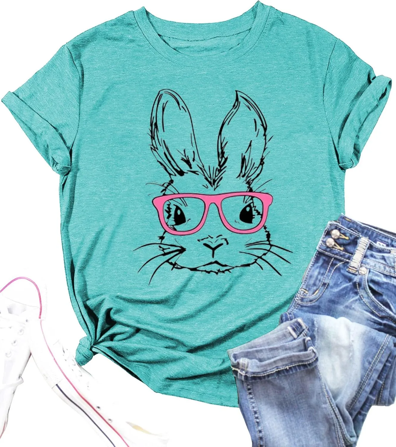 Funny Bunny Print T Shirt for Women Cute Grapic Leopard Shirts Family Blouse Gifts Easter Tops Tee
