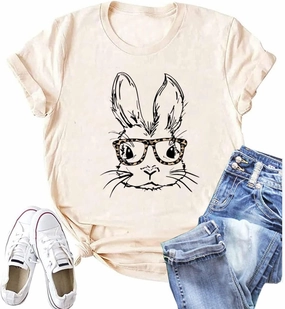 Funny Bunny Print T Shirt for Women Cute Grapic Leopard Shirts Family Blouse Gifts Easter Tops Tee