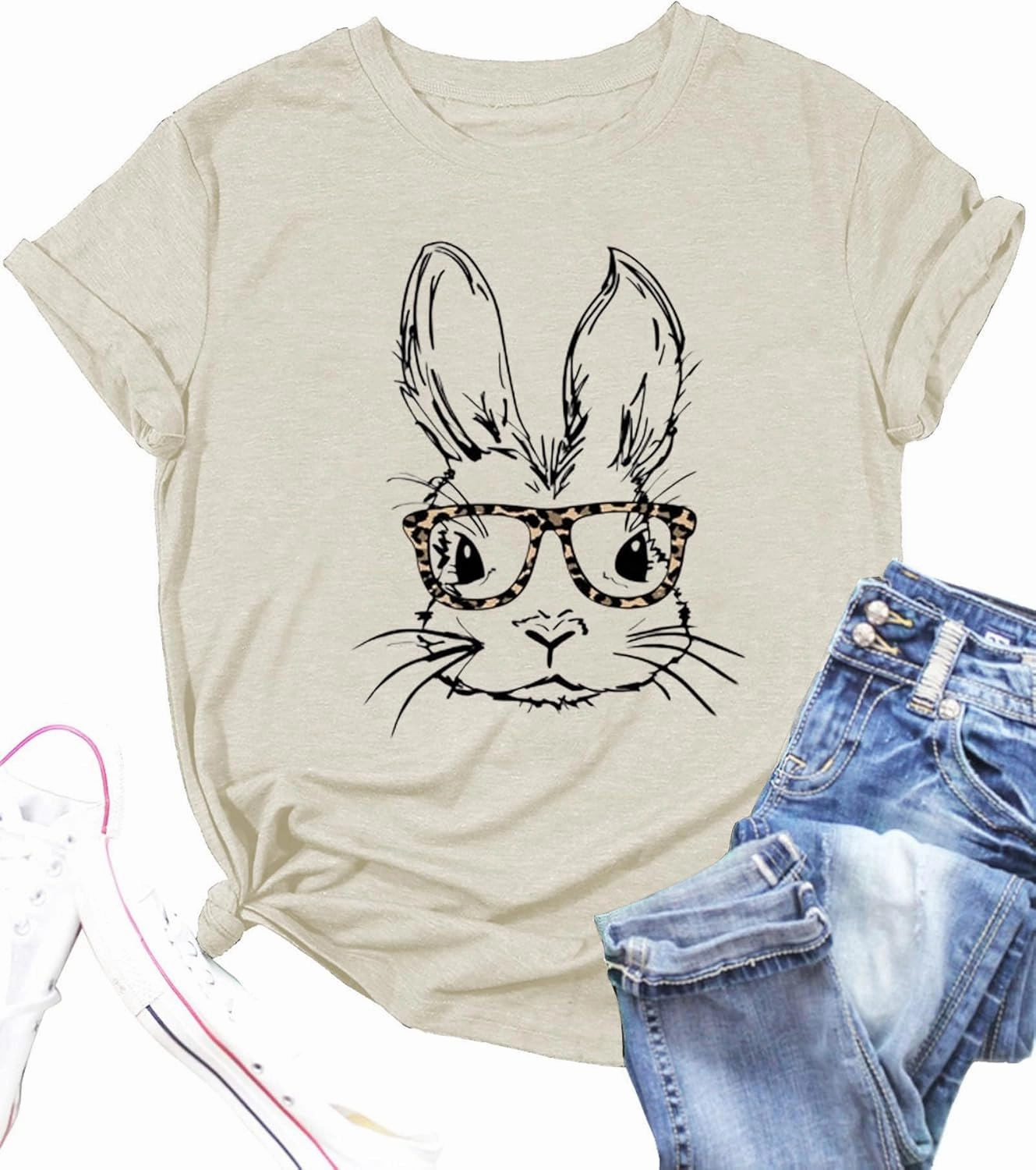 Funny Bunny Print T Shirt for Women Cute Grapic Leopard Shirts Family Blouse Gifts Easter Tops Tee