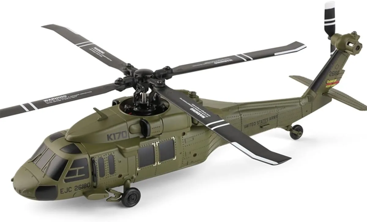 FunXylophy WL K170 Black Hawk RC Helicopter, 2.4G 4CH Flybarless 6-Axis Gyroscope Altitude Hovering RC Military Helicopter with Display Stand and Apron Takeoff Landing Pads (RTF Version)