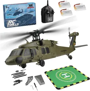 FunXylophy WL K170 Black Hawk RC Helicopter, 2.4G 4CH Flybarless 6-Axis Gyroscope Altitude Hovering RC Military Helicopter with Display Stand and Apron Takeoff Landing Pads (RTF Version)