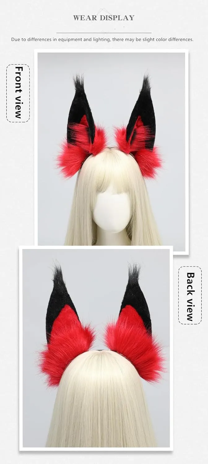 Furry Red Fox Ears Headband, Handmade Sharp Long Animal Ears, Exquisite Realistic Plush Headwear, for Alastor Devil Costume Cosplay Party Supplies Accessories, Black   Red; SR-R