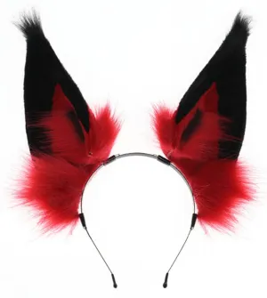 Furry Red Fox Ears Headband, Handmade Sharp Long Animal Ears, Exquisite Realistic Plush Headwear, for Alastor Devil Costume Cosplay Party Supplies Accessories, Black   Red; SR-R