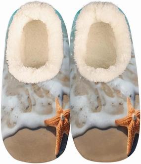Fuzzy House Slippers for Women Men, Beach Starfish Anti-Slip Fleece Lined Shoes, Home Bedroom Indoor Slippers with Plush Lining, Seaside Warm Slippers