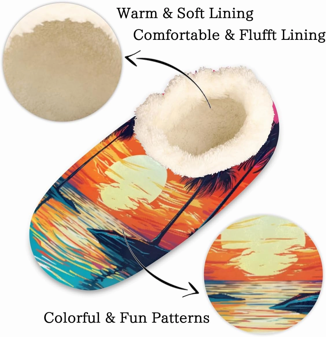 Fuzzy House Slippers for Women Men, Beach Sunset Anti-Slip Fleece Lined Shoes, Home Bedroom Indoor Slippers with Plush Lining, Seaside Coconut Palm Warm Slippers