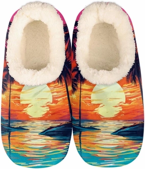 Fuzzy House Slippers for Women Men, Beach Sunset Anti-Slip Fleece Lined Shoes, Home Bedroom Indoor Slippers with Plush Lining, Seaside Coconut Palm Warm Slippers