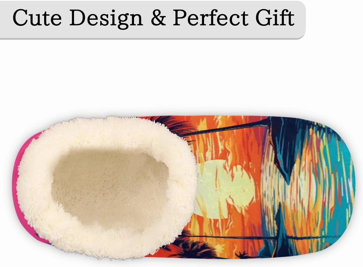 Fuzzy House Slippers for Women Men, Beach Sunset Anti-Slip Fleece Lined Shoes, Home Bedroom Indoor Slippers with Plush Lining, Seaside Coconut Palm Warm Slippers