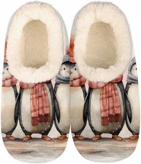 Fuzzy House Slippers for Women Men, Penguin Anti-Slip Fleece Lined Shoes, Home Bedroom Indoor Slippers with Plush Lining, Cartoon Penguins Warm Slippers