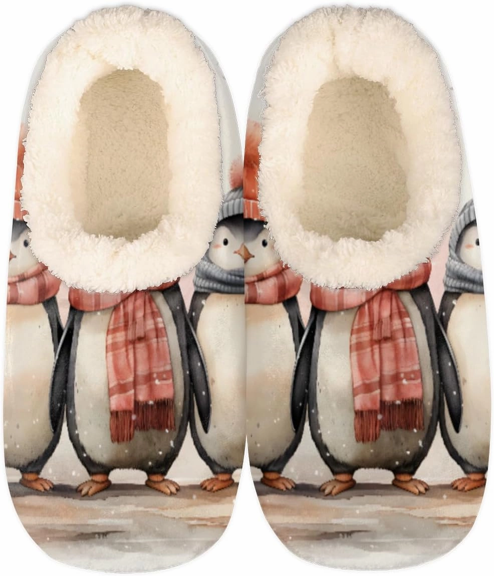 Fuzzy House Slippers for Women Men, Penguin Anti-Slip Fleece Lined Shoes, Home Bedroom Indoor Slippers with Plush Lining, Cartoon Penguins Warm Slippers