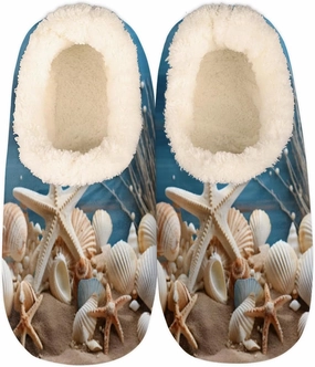 Fuzzy House Slippers for Women Men, Starfish Seashell Anti-Slip Fleece Lined Shoes, Home Bedroom Indoor Slippers with Plush Lining, Sea Warm Slippers