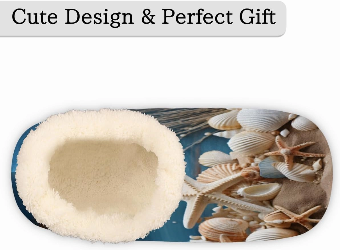 Fuzzy House Slippers for Women Men, Starfish Seashell Anti-Slip Fleece Lined Shoes, Home Bedroom Indoor Slippers with Plush Lining, Sea Warm Slippers