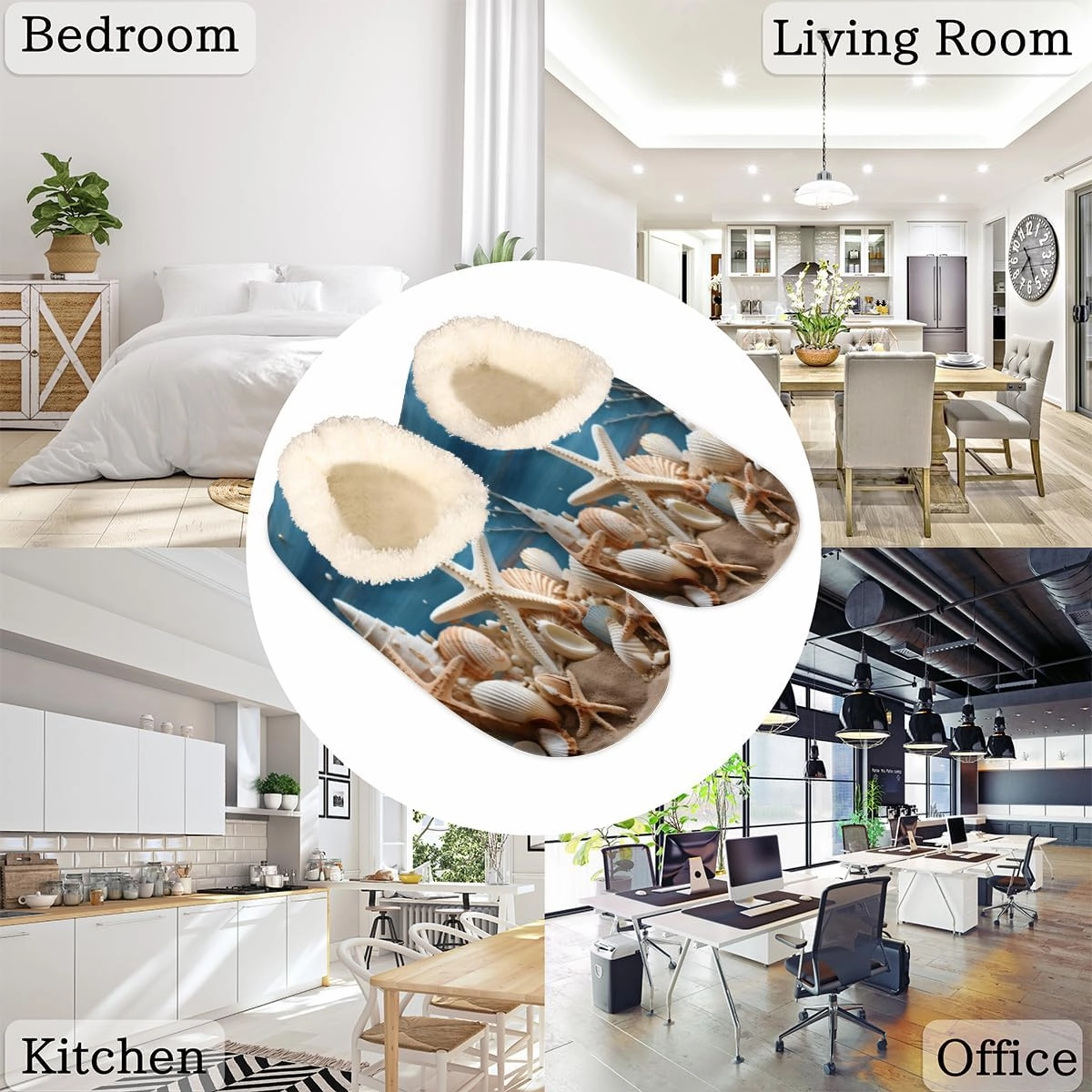 Fuzzy House Slippers for Women Men, Starfish Seashell Anti-Slip Fleece Lined Shoes, Home Bedroom Indoor Slippers with Plush Lining, Sea Warm Slippers