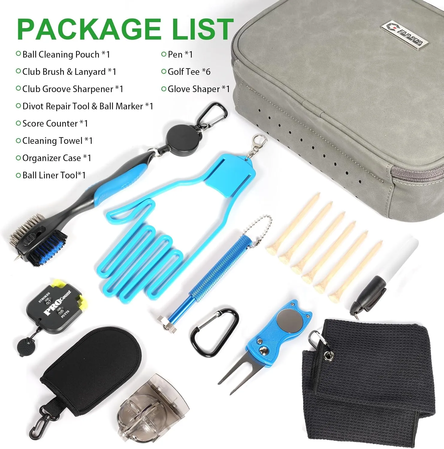 GAIARENA Golf Essential Accessories Kit with Luxury Carrying Case Bag, Golf Gift for Golfers, Golf Ball Liner Towel Cleaning Brush Divot Repair Tool Club Groove Sharpener