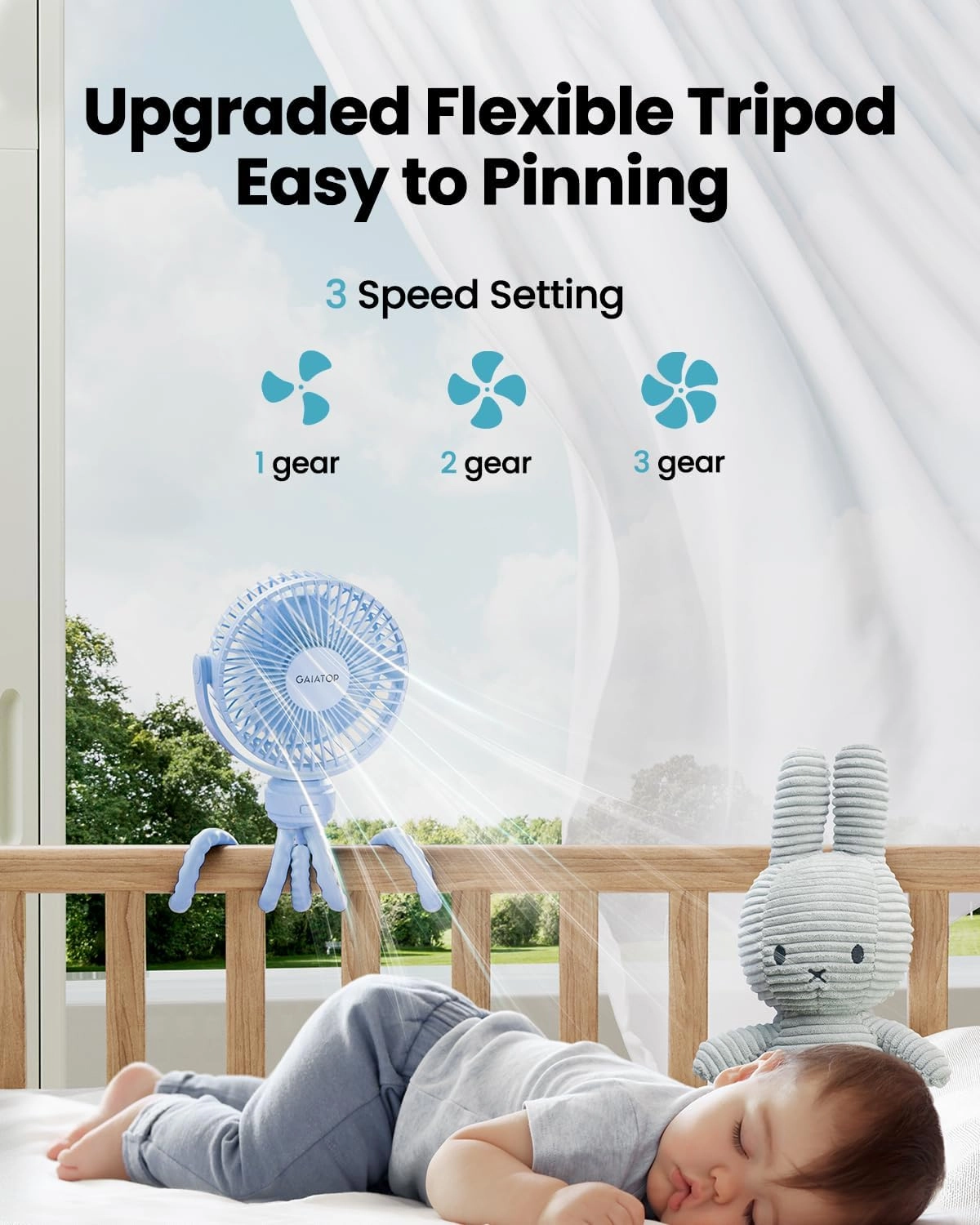Gaiatop Mini Portable Stroller Fan, Battery Operated Small Clip on, Detachable 3 Speed Rechargeable, 360° Rotate Flexible Tripod Better Cooling for Car Seat Crib Treadmill Travel Blue