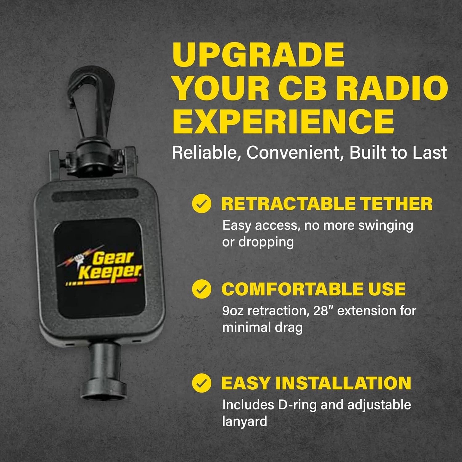 Gear Keeper CB Radio Microphone Keeper - Retractable Mic Holder With Heavy Duty Snap Clip Mount for Truck Radio - CB Radio Accessories With Lanyard & Mounting Hardware - Made in USA (Black)