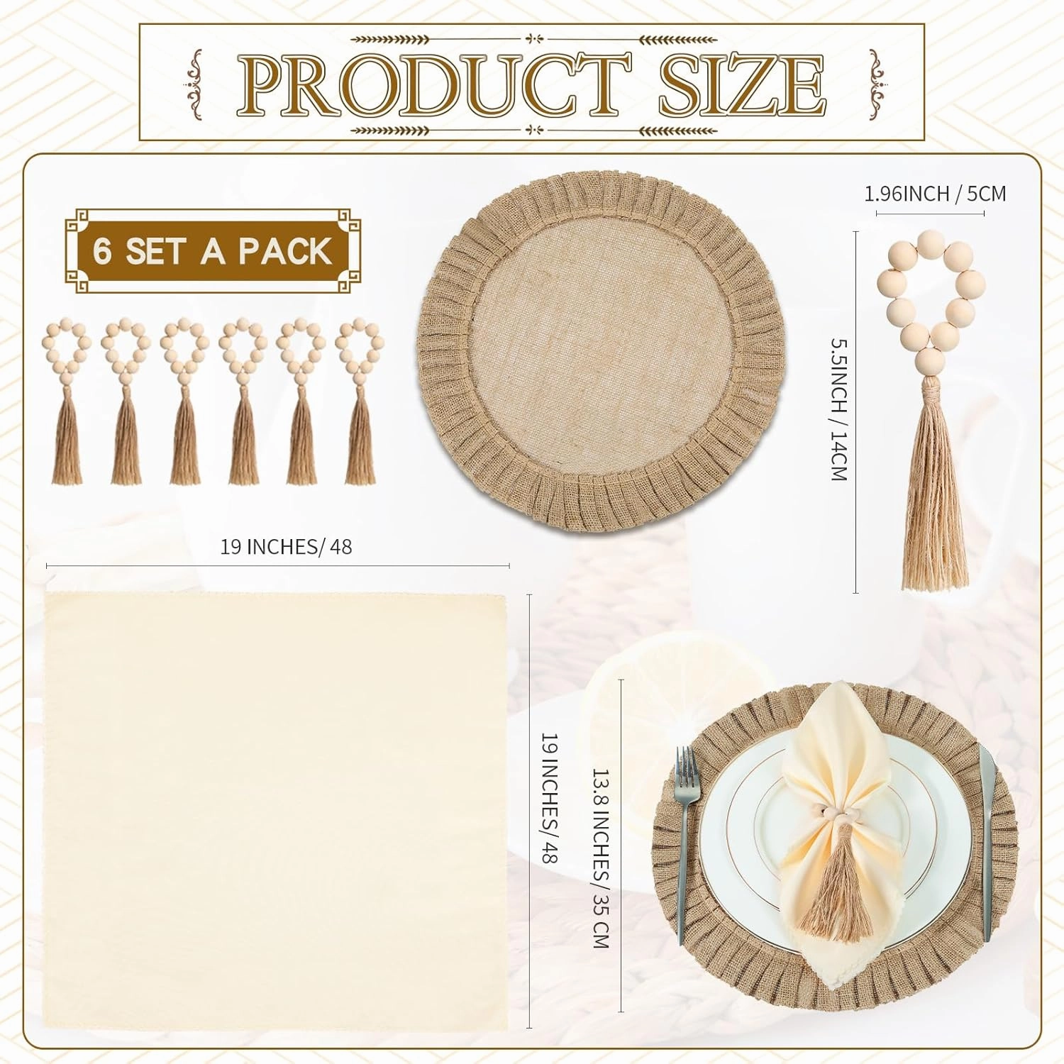 Gejoy Round Burlap Placemats Wood Bead Napkin Rings with Dinner Napkins Cloth, Jute Heat Resistant Placemats Boho Wooden Rings for Plates Wedding Dining Table(18 Pcs)