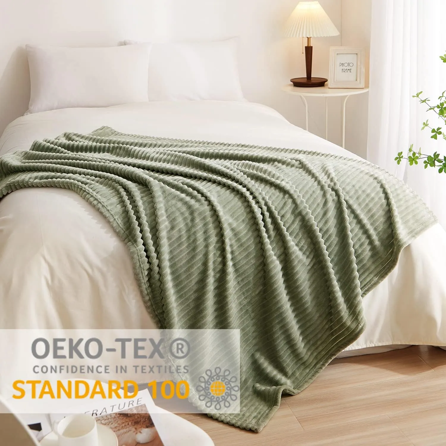 Geniospin Fleece Throw Blanket, 280GSM Extra Soft Lightweight Blanket with Strip, Plush Fuzzy Cozy Blankets and Throws for Couch, Bed, Sofa Cozy, Warm and Breathable (Sage Green, 60x80 inches)