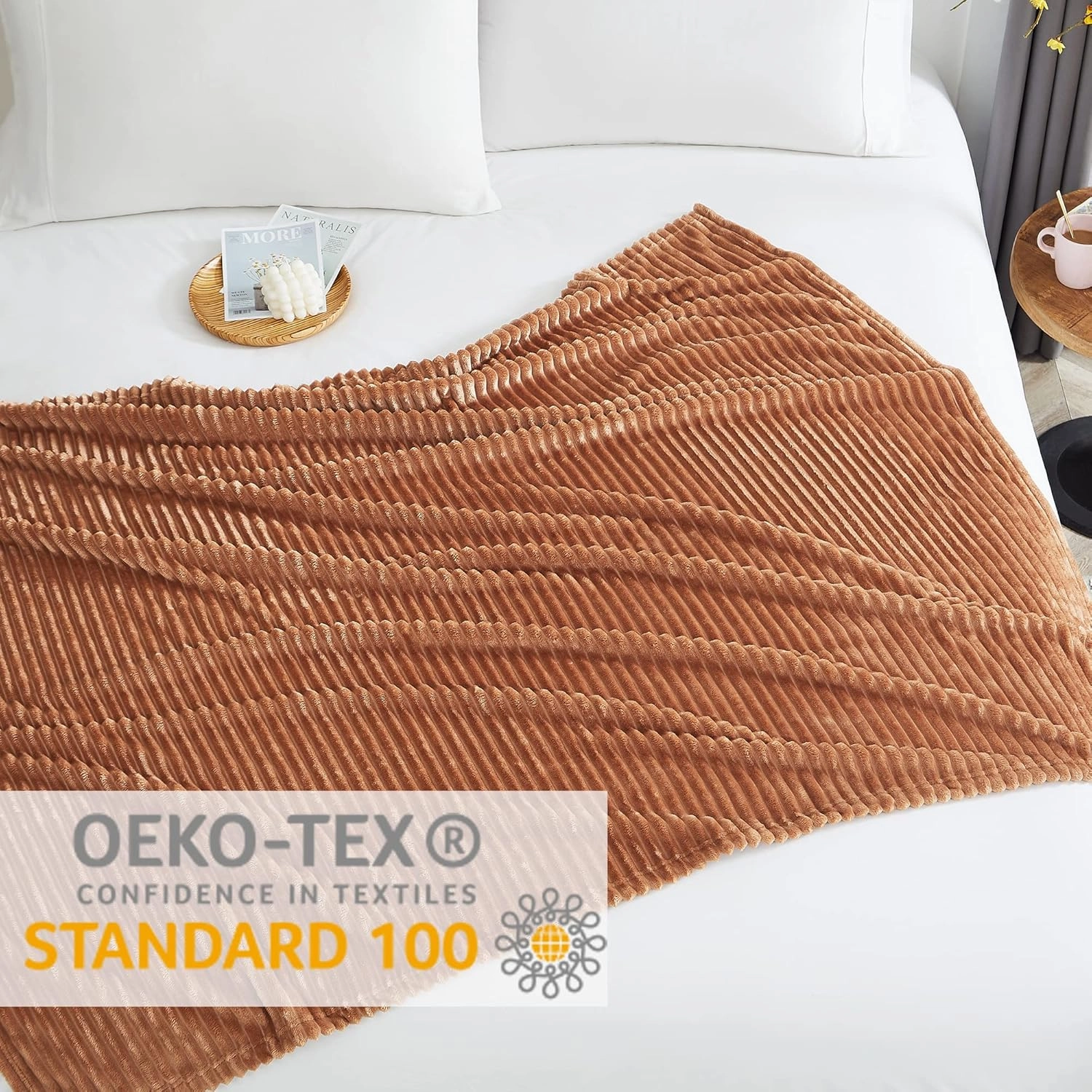 Geniospin Fleece Throw Blanket, Dark Brown Flannel 280GSM Extra Soft Lightweight Blanket with Strip, Plush Fuzzy Cozy Blankets and Throws for Couch, Bed, Sofa Cozy, Warm and Breathable (60x80 inches)