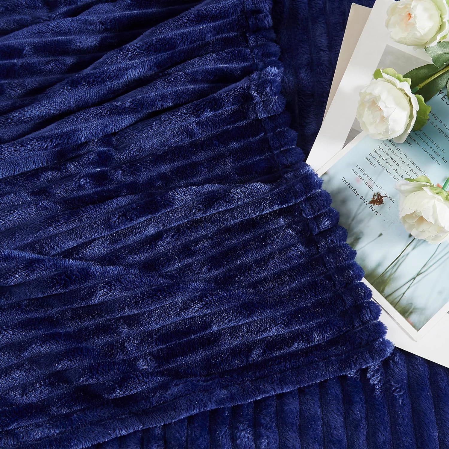 Geniospin Navy Blue Fleece Throw Blanket, 280GSM Extra Soft Lightweight Blanket with Strip, Plush Fuzzy Cozy Blankets and Throws for Couch, Bed, Sofa Cozy, Warm and Breathable (Navy, 60x80 inches)