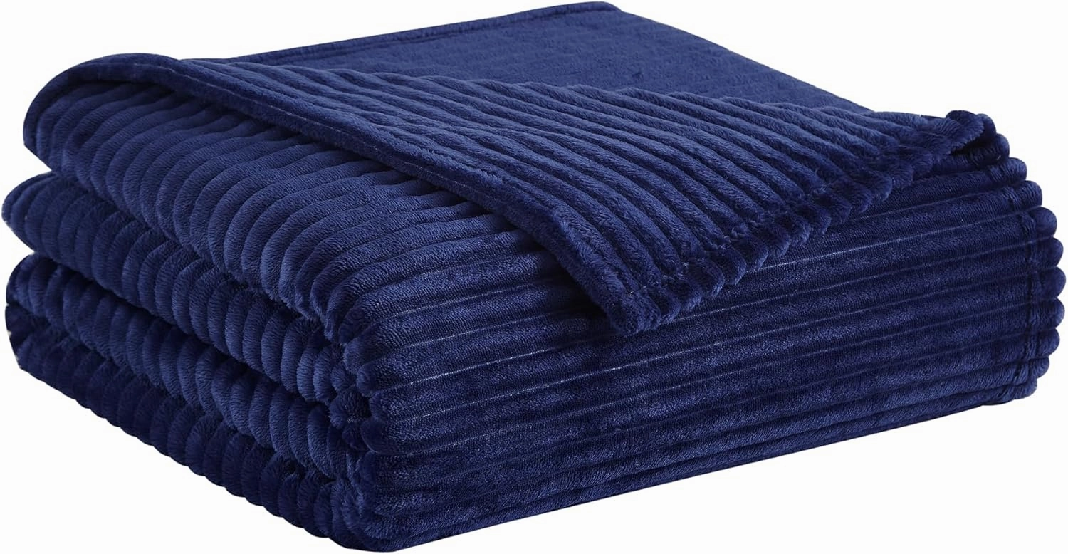 Geniospin Navy Blue Fleece Throw Blanket, 280GSM Extra Soft Lightweight Blanket with Strip, Plush Fuzzy Cozy Blankets and Throws for Couch, Bed, Sofa Cozy, Warm and Breathable (Navy, 60x80 inches)