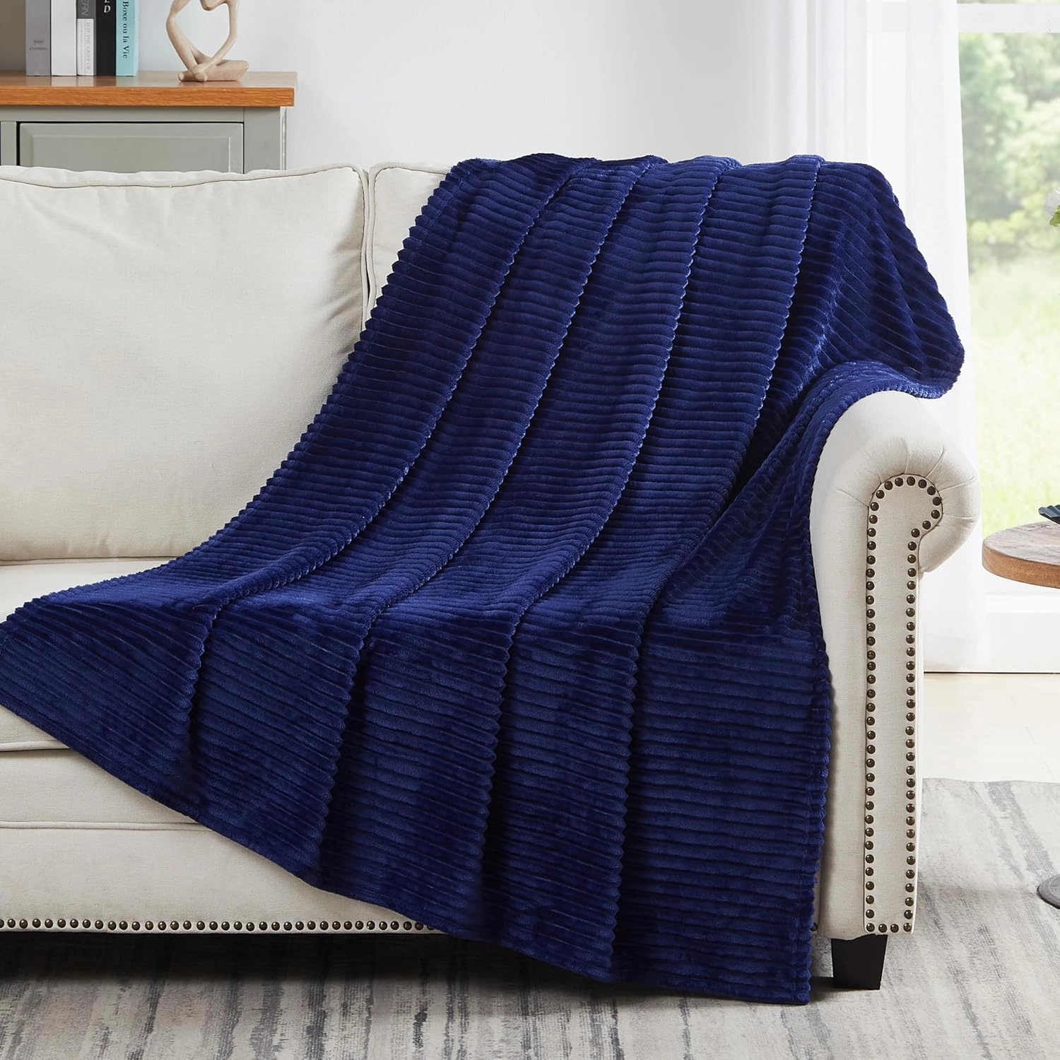 Geniospin Navy Blue Fleece Throw Blanket, 280GSM Extra Soft Lightweight Blanket with Strip, Plush Fuzzy Cozy Blankets and Throws for Couch, Bed, Sofa Cozy, Warm and Breathable (Navy, 60x80 inches)