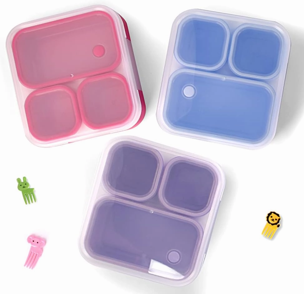 Genteen Small Kids Snack Containers for School 3 Compartment Travel Snack Containers with Dividers Portion Control Lunch box for Kids with Leak-proof Lids BPA Free (Dark Pink   Blue)