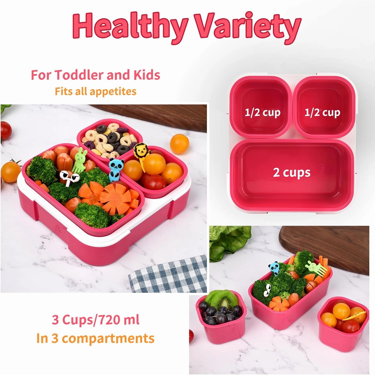 Genteen Small Kids Snack Containers for School 3 Compartment Travel Snack Containers with Dividers Portion Control Lunch box for Kids with Leak-proof Lids BPA Free (Dark Pink   Blue)