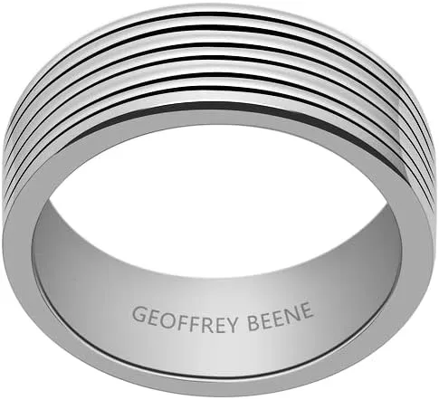 Geoffrey Beene Men's Stainless Steel Polished Engraved Edge Band Ring, 8mm Wide, 2mm Thick