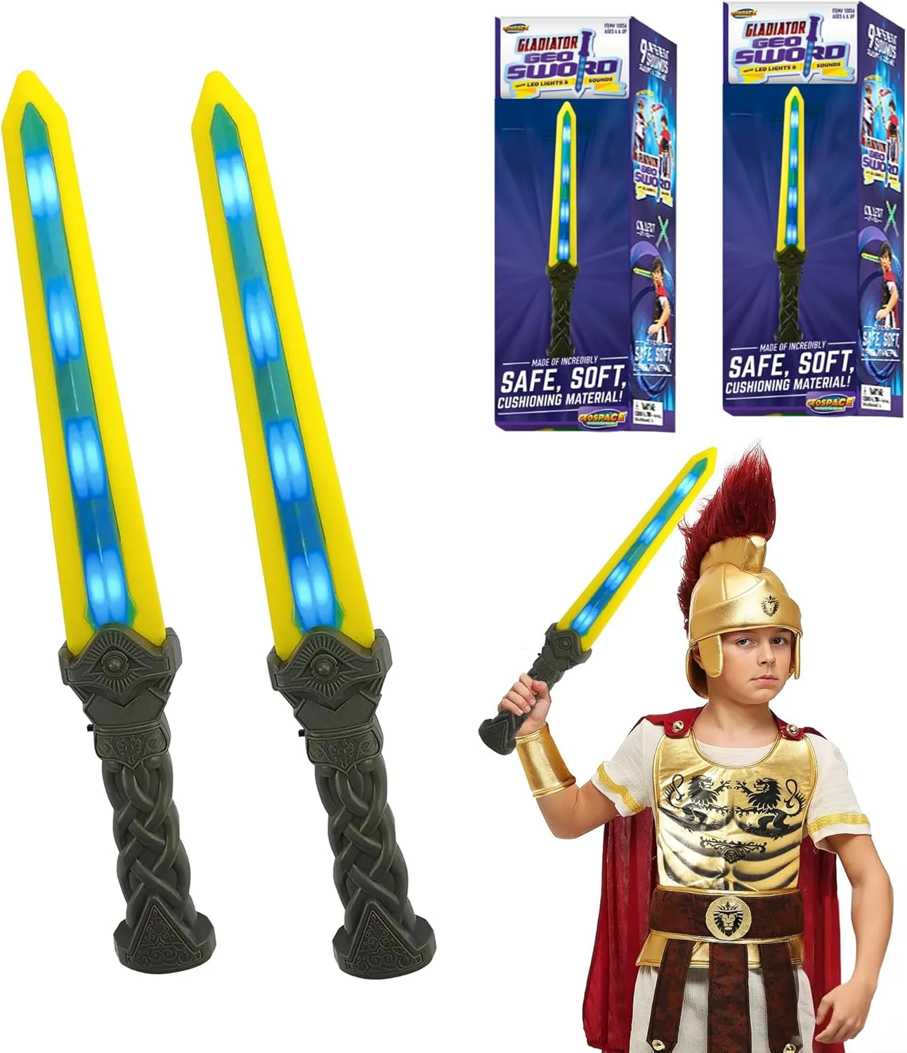 Geospace 18” Gladiator Geosword - 2 Pack LED Light Saber Toy Swords for Kids & Adults, Motion Activated Lights & Sounds, Star Wars Lightsabers, Safe Indoor/Outdoor Lightsaber Play