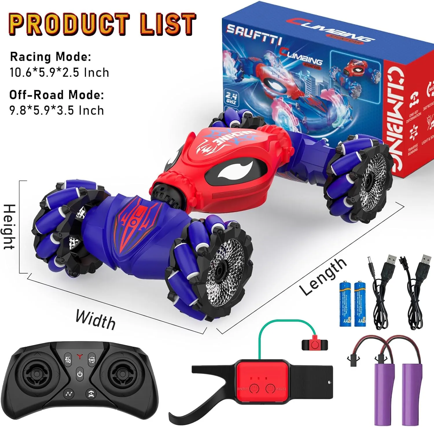 Gesture RC Cars, Hand Controlled Stunt Car for 6-12 yr Kids, 2.4GHz Gesture Sensor Remote Control Cars, 4WD Double Sided Stunt RC Twist Car with Light Music for Boys Girls Birthday Xmas Gift