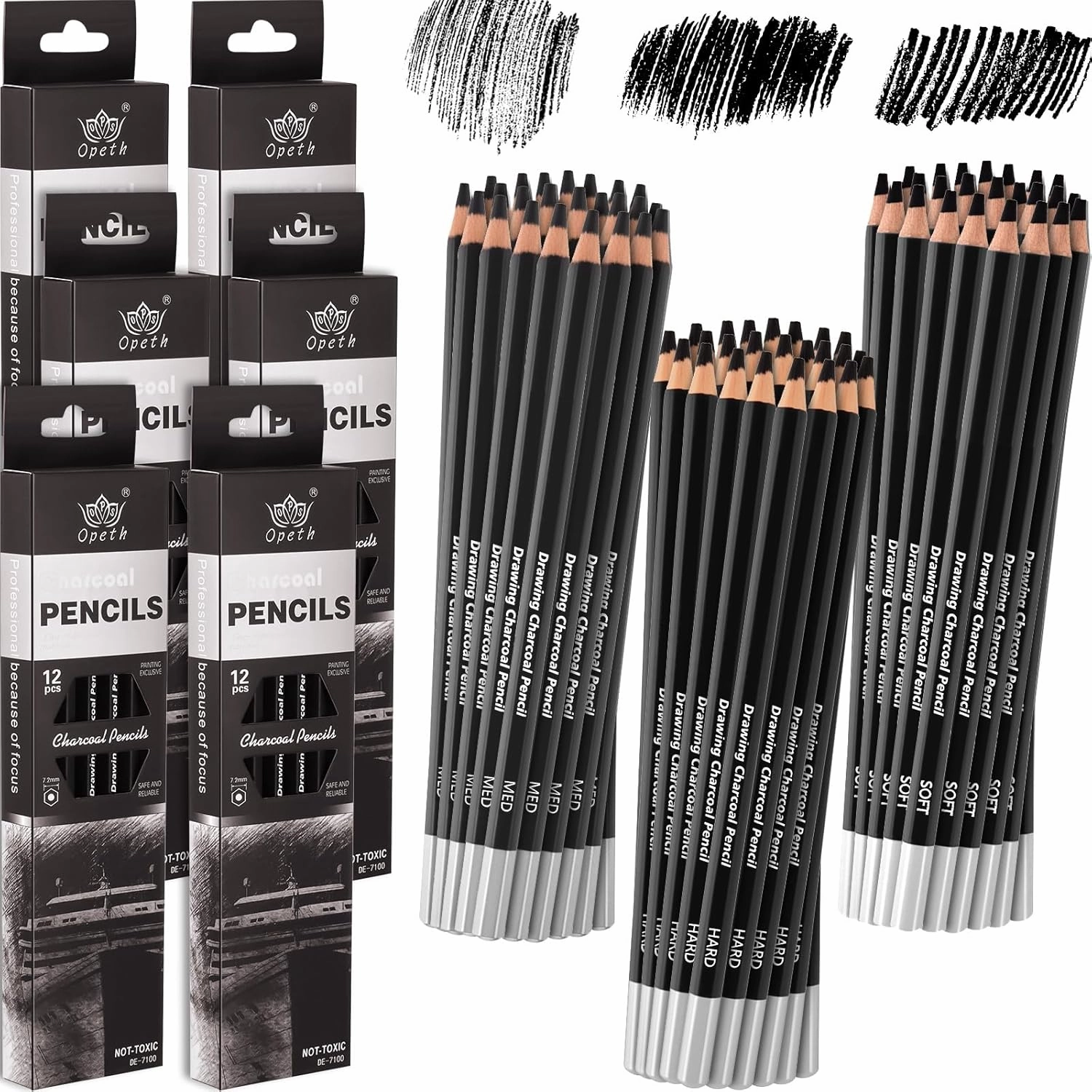 Geyoga 72 Pcs Professional Charcoal Pencils Soft, Medium and Hard for Drawing Charcoal Pencils for Art Painting Sketching Shading Drawing Blending Portrait artists