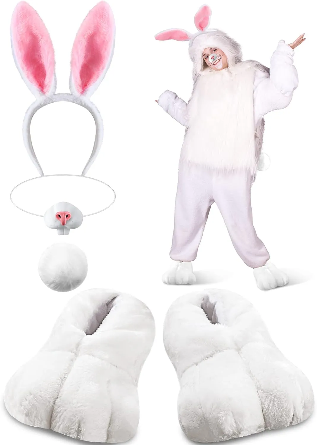 Giegxin 5 Pcs Adult Easter Bunny Costume White Rabbit Costume Bunny Shoes Rabbit Feet Ear Headband Nose Tail