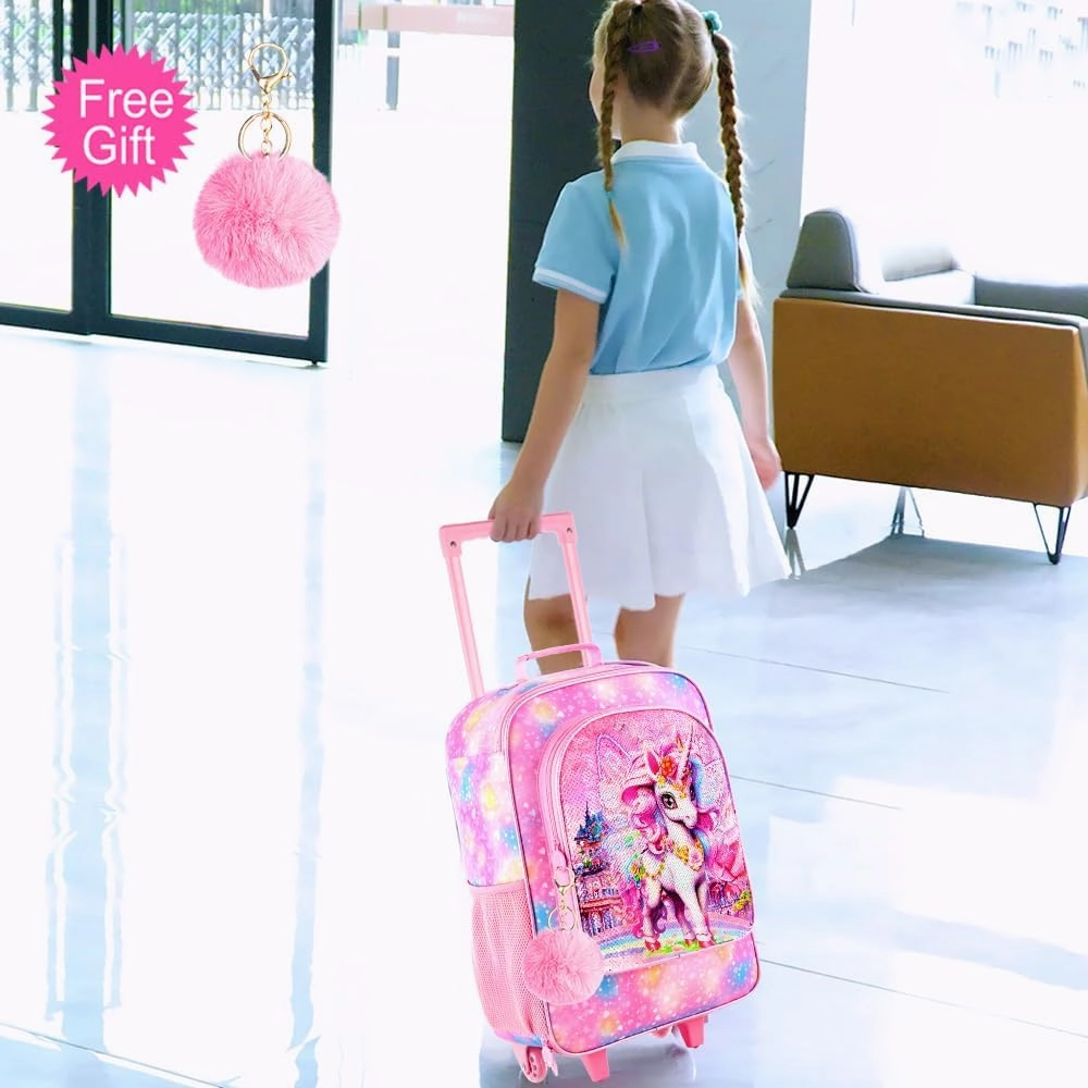 Girls Luggage, Kids Sequins Rolling Luggage, Cute Unicorn Travel Carry on for Elementary Preschool Toddler