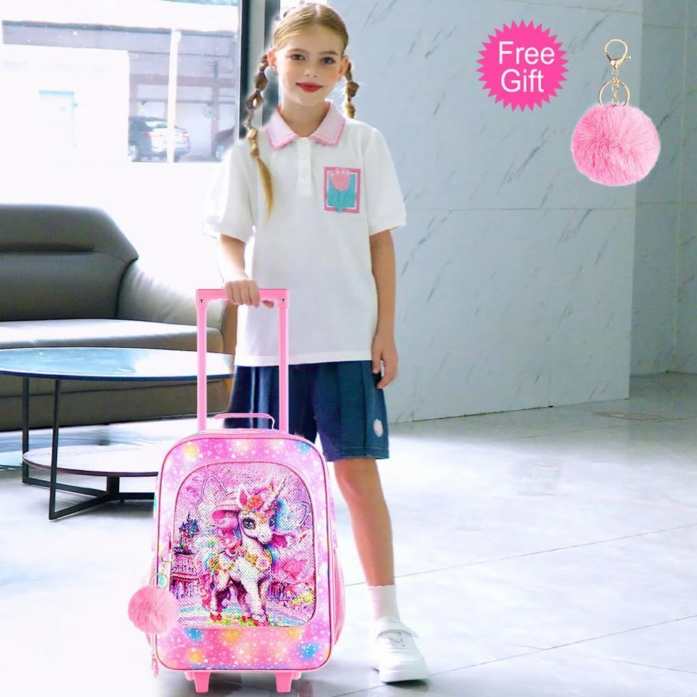 Girls Luggage, Kids Sequins Rolling Luggage, Cute Unicorn Travel Carry on for Elementary Preschool Toddler