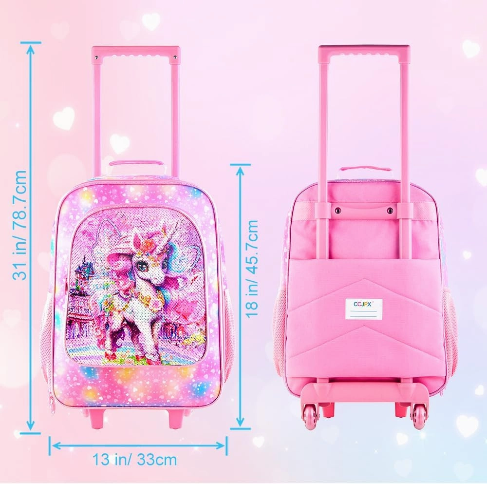 Girls Luggage, Kids Sequins Rolling Luggage, Cute Unicorn Travel Carry on for Elementary Preschool Toddler