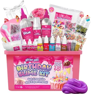 Glitter Galz 42-Piece Slime Kit for Kids Ages 6  - Fun Activity, DIY Birthday Cake Slime Making Kit - Includes Sprinkles, Containers, Scents, Glitters, Powders, and Storage Container