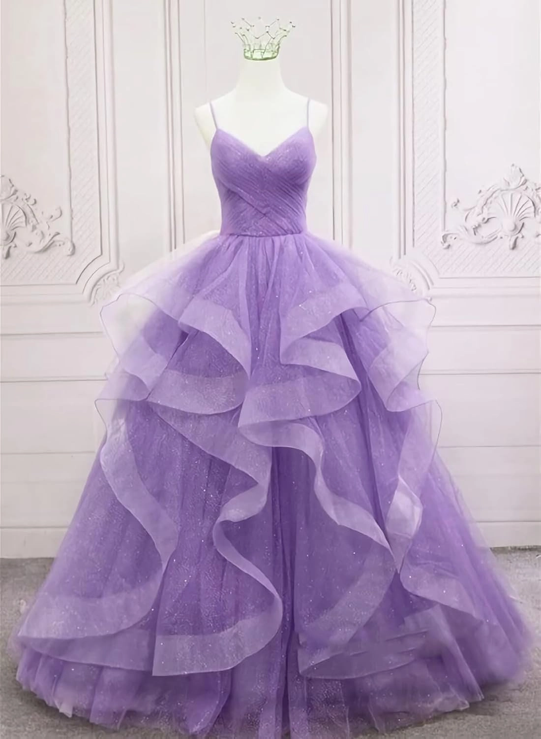 Glitter Tulle Prom Dresses Spaghetti Straps Ball Gowns for Women Puffy Tiered Formal Evening Party Dress