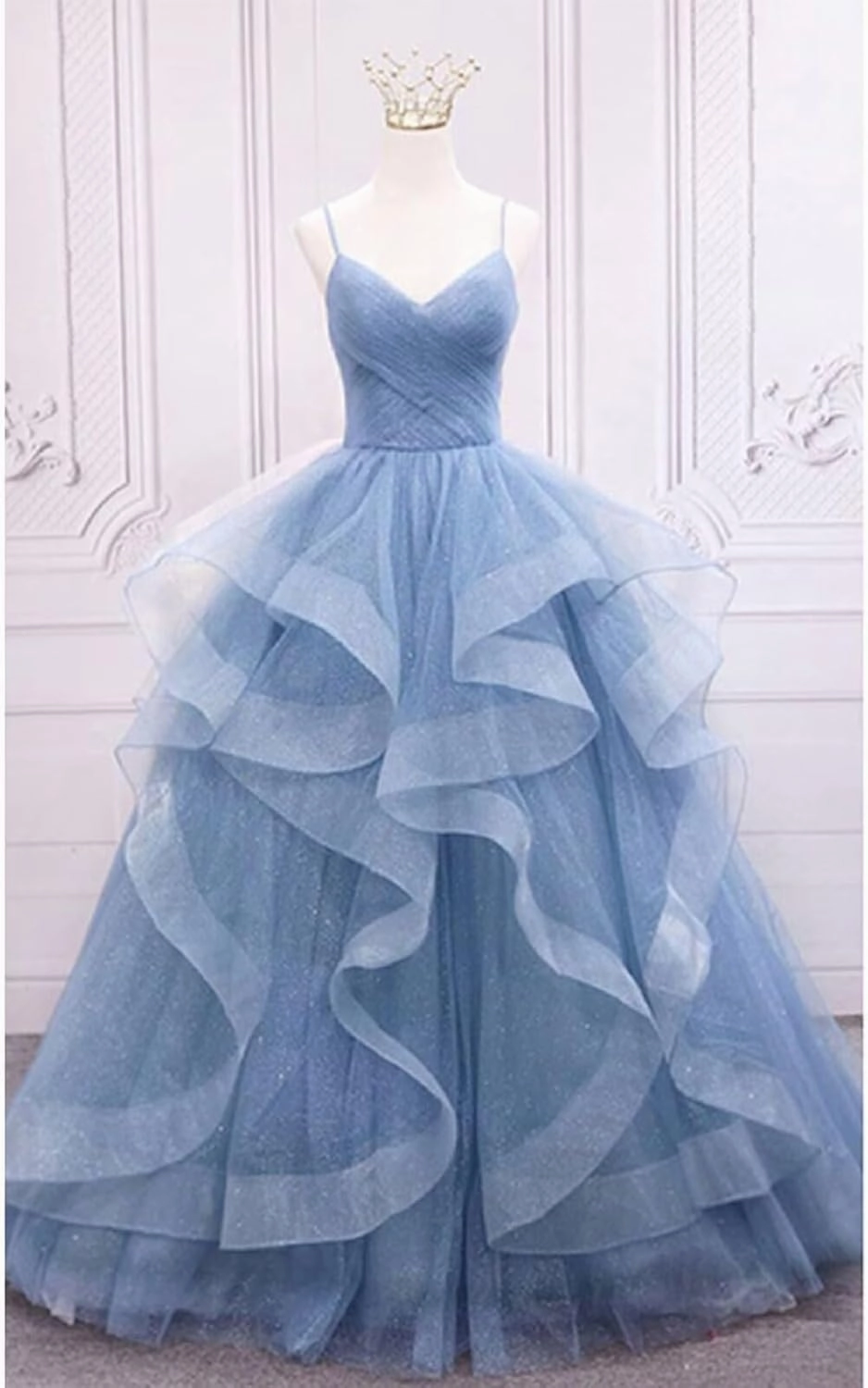 Glitter Tulle Prom Dresses Spaghetti Straps Ball Gowns for Women Puffy Tiered Formal Evening Party Dress