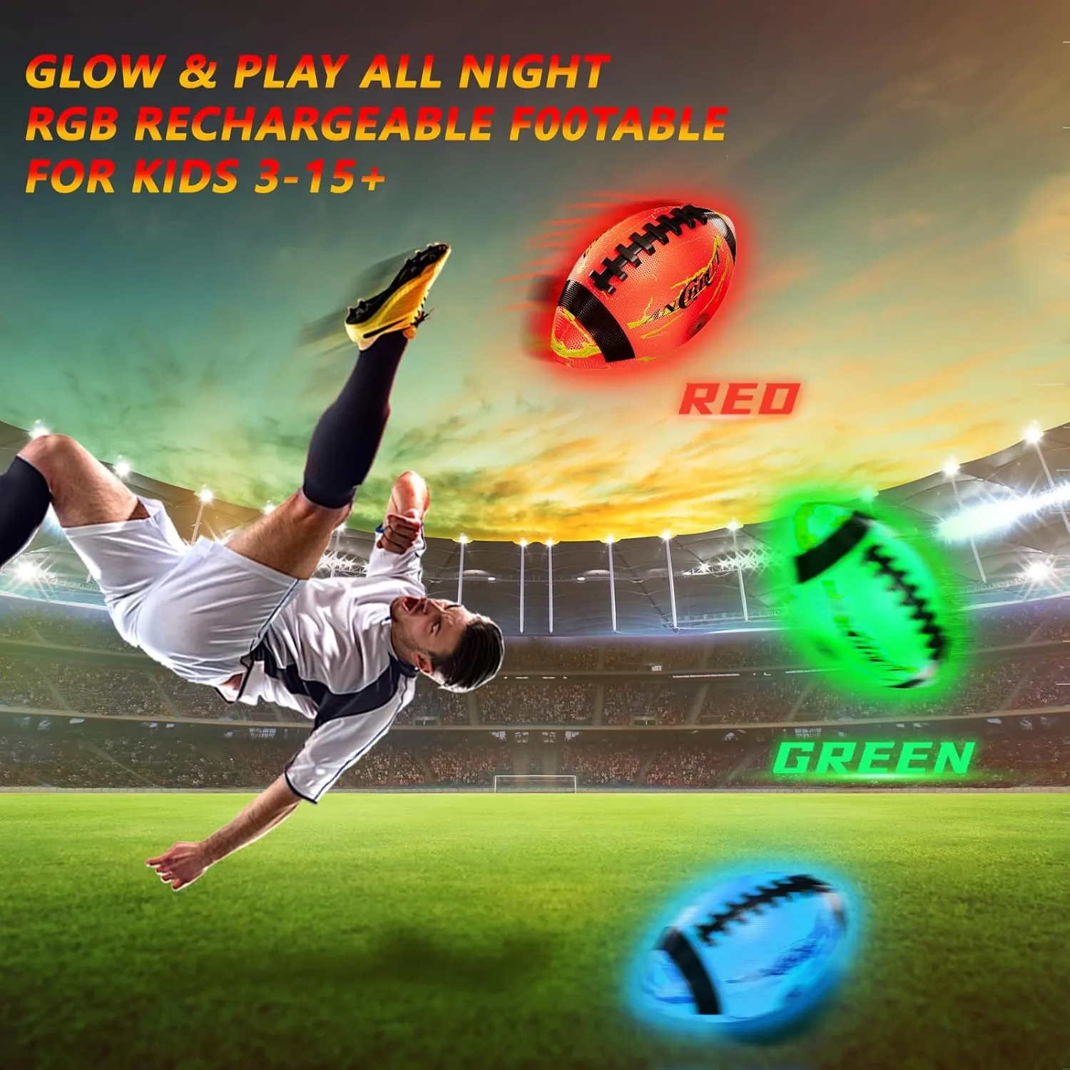 Glow in The Dark Soccer Ball, Light Up Indoor&Outdoor, Gifts for 3-15 Kids/Teens, Red LED Lights, Pre-Installed Batteries, Includes Pump-Size 3/4/ 5