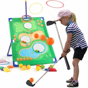 Golf Chipping Game, Cornhole Game, Ring Toss Game - 3 Set in 1 Game Kit with Chipping Mat and Stand for Adults Kids, Chip Sticky Practice Indoor Outdoor