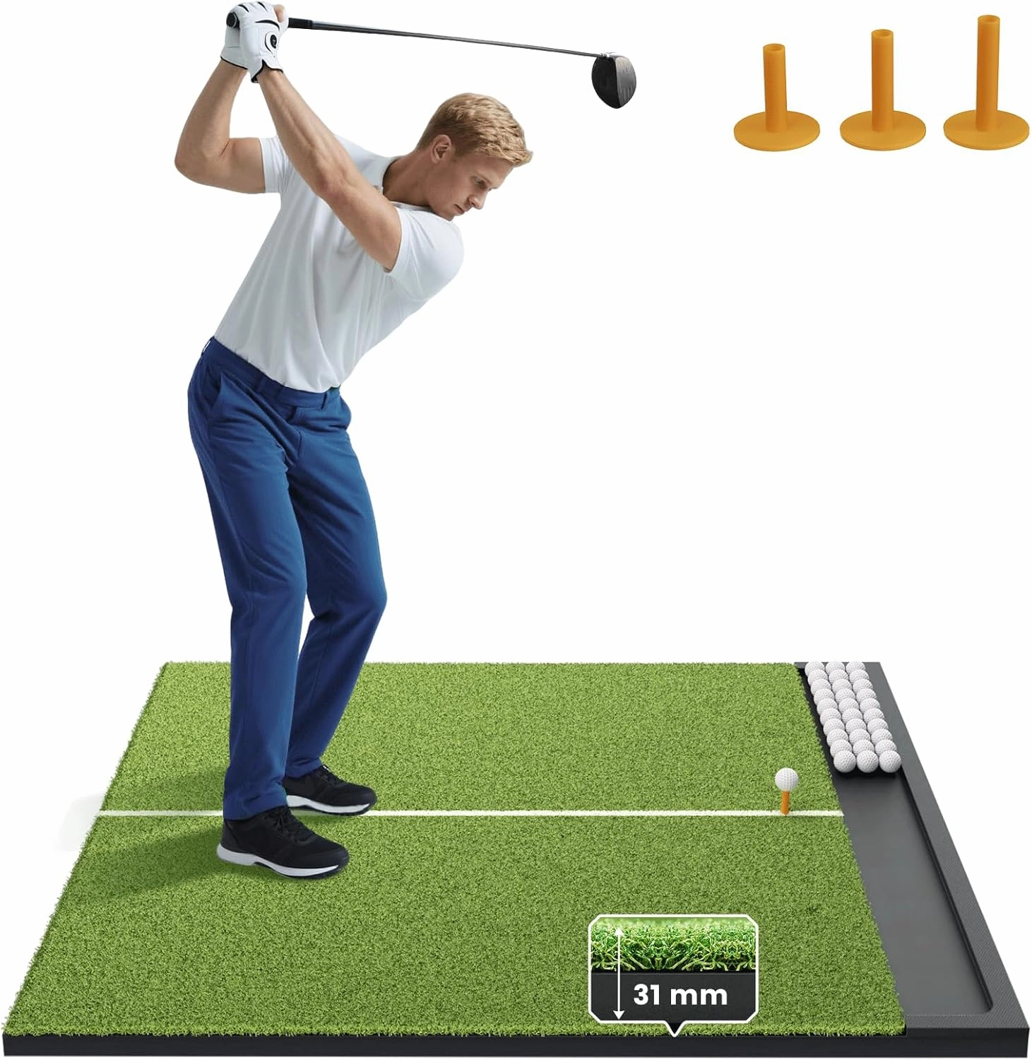 Golf Hitting Mat with Built-in Ball Tray & Alignment Line – 31mm Thickness, Indoor Outdoor Golf Practice Mat with EVA Foam Base, Durable Turf, and 3 Rubber Tees for Backyard or Garage