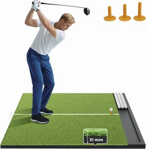 Golf Hitting Mat with Built-in Ball Tray & Alignment Line – 31mm Thickness, Indoor Outdoor Golf Practice Mat with EVA Foam Base, Durable Turf, and 3 Rubber Tees for Backyard or Garage