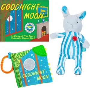 Goodnight Moon Board Book by Margaret Wise Brown, Beanbag Bunny Stuffed Animal Plush, and Good Night Moon Baby Soft Book Toy with On The Go Clip (A Classic, Sweet Dreams Baby Book Bedtime Gift Set B)