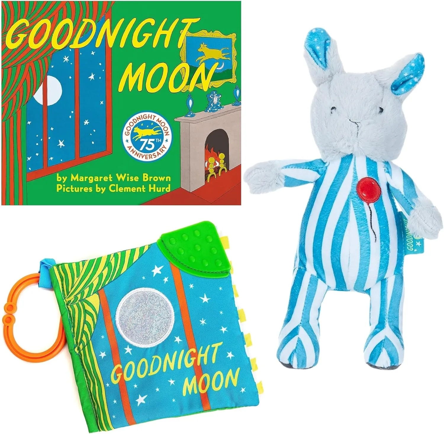 Goodnight Moon Board Book by Margaret Wise Brown, Beanbag Bunny Stuffed Animal Plush, and Good Night Moon Baby Soft Book Toy with On The Go Clip (A Classic, Sweet Dreams Baby Book Bedtime Gift Set B)