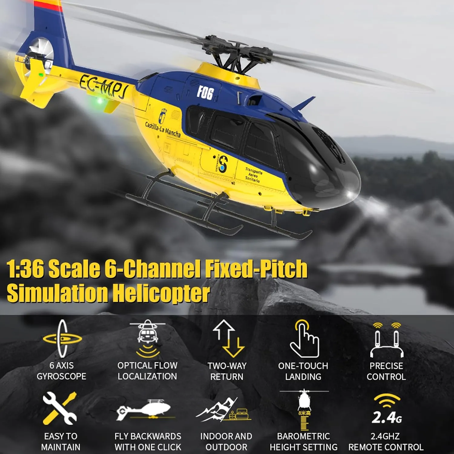 GoolRC Remote Control Helicopter, 1:36 Scale 6 Channel RC Helicopter with Gyro Stabilizer, Brushless Motors, Altitude Hold, Optical Flow Positioning, LED Lights and Battery for Adults (Yellow)
