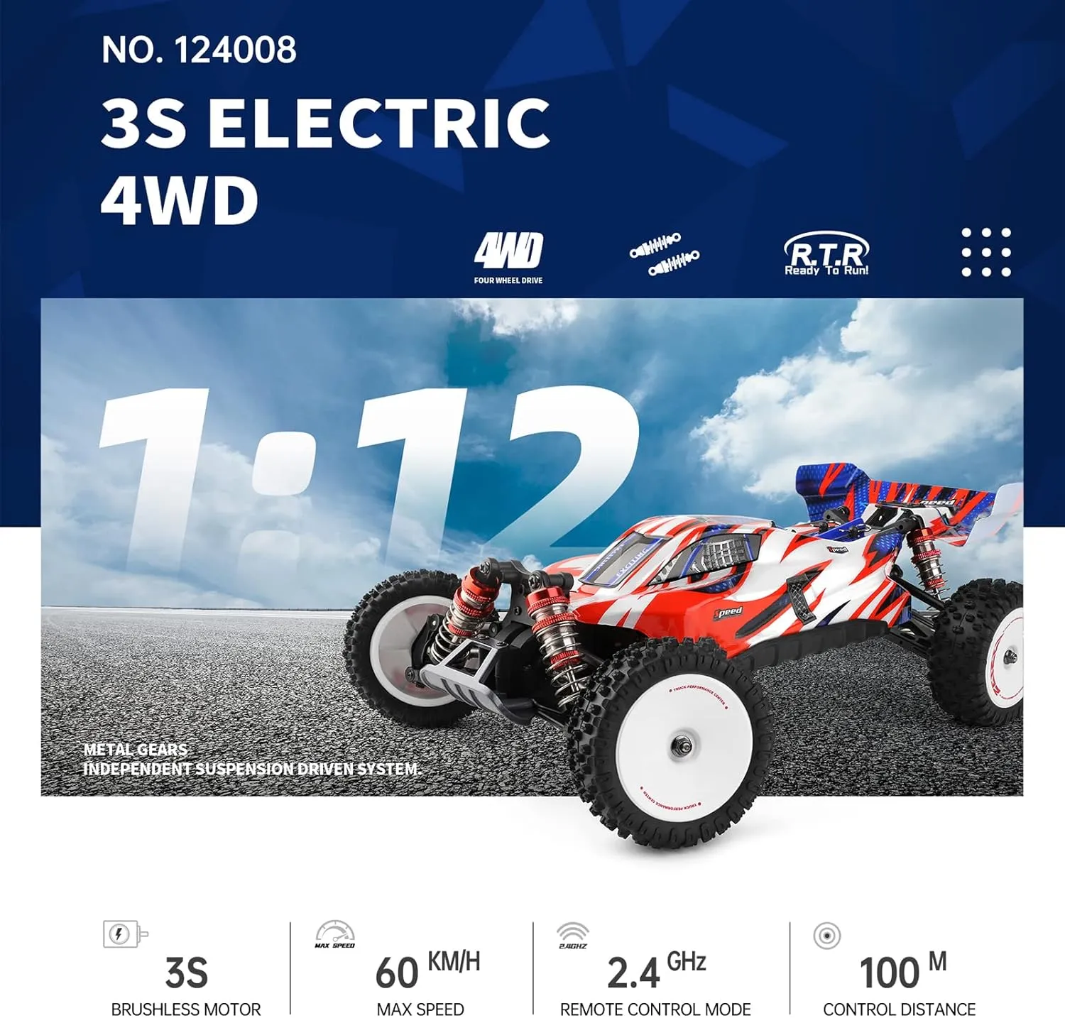 GoolRC WLtoys 124008 Brushless RC Cars for Adults, 1:12 Scale Remote Control Car, 4WD 60KM/H High Speed Racing Car, 2.4GHz All Terrains Off Road Buggy RTR with 11.1V 2000mAh Battery
