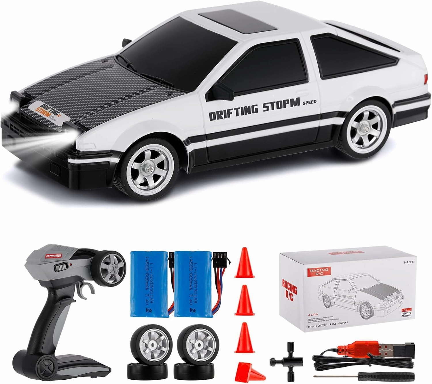 GoolRC Drift Car, 1:16 Scale 4WD RC Racing Car, 30KM/H High Speed with LED Lights, Drifting Tires and 2 Batteries for Kids and Adults (White)