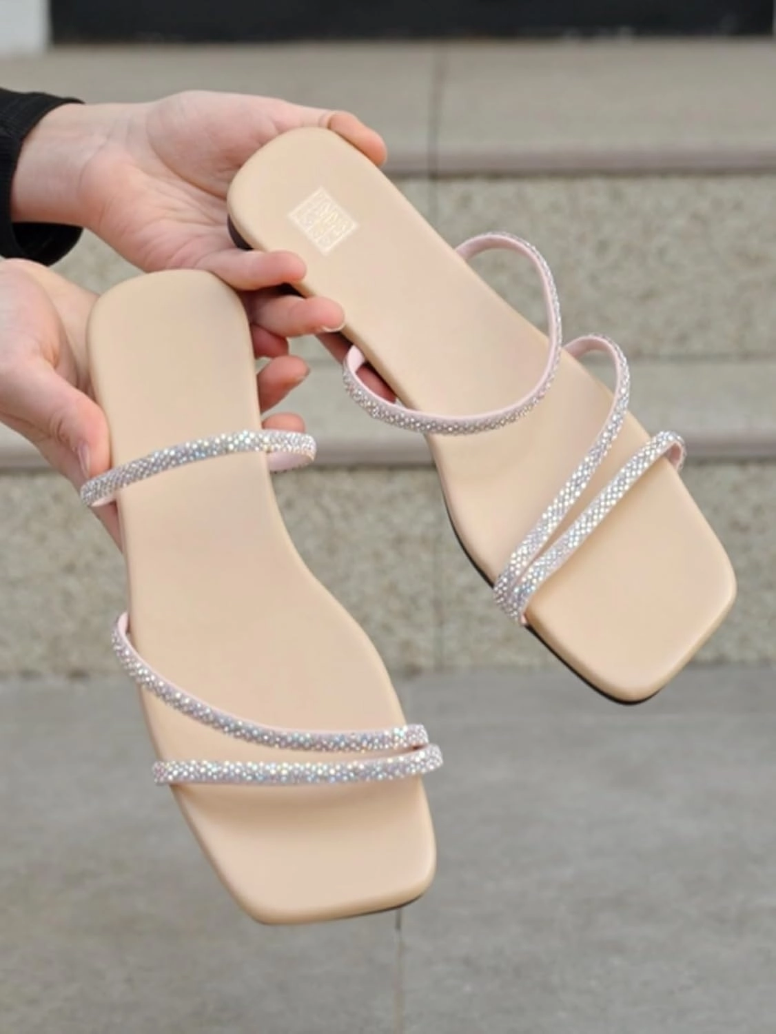 GORGLITTER Women's Rhinestone Flat Sandals Strappy Slip on Open Toe Slide Sandals